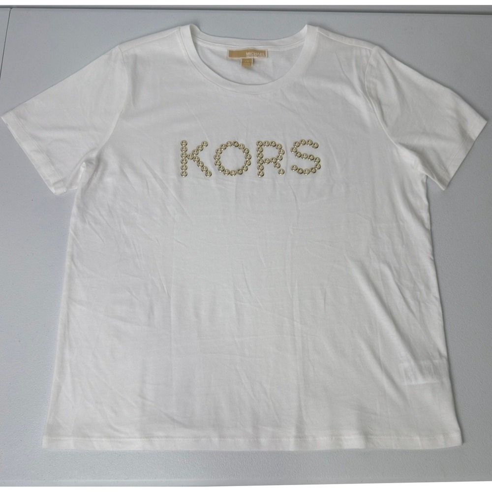 Michael Kors Womens White Studded Grommet KORS Logo T-Shirt Short Sleeve Size L - Picture 2 of 7